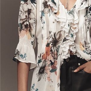 Anthropologie Sheer Floral Ruffle Blouse